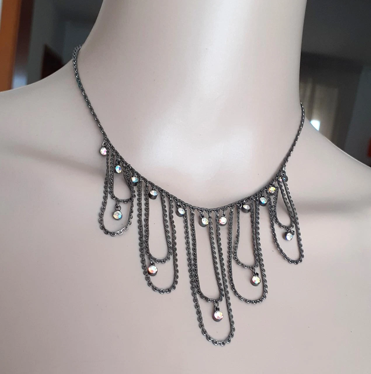 Gunmetal black necklace with AB rhinestones and draping – photo 6